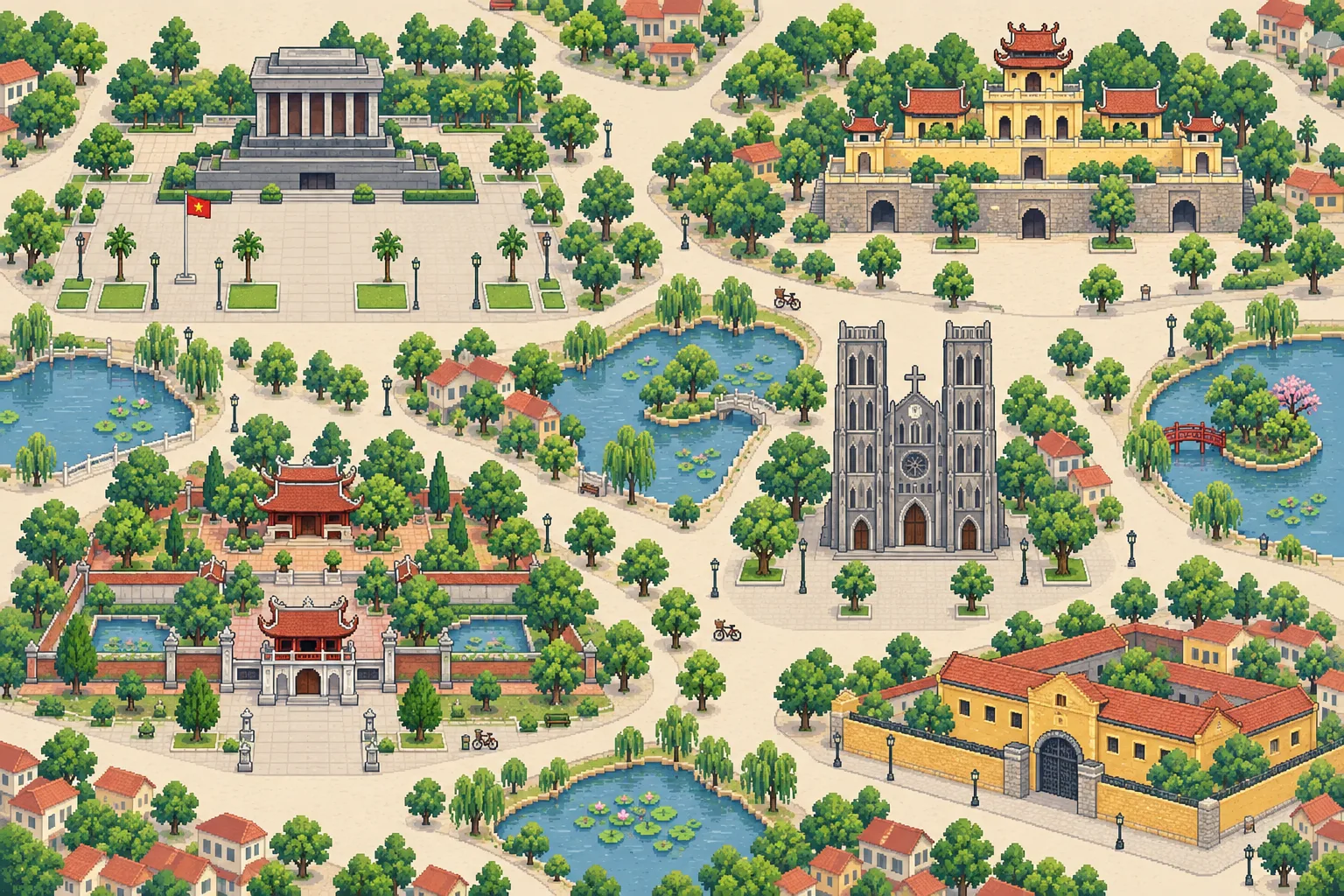 Bản đồ Pixel Art minh họa năm địa danh Hà Nội, không theo tỷ lệ địa lý